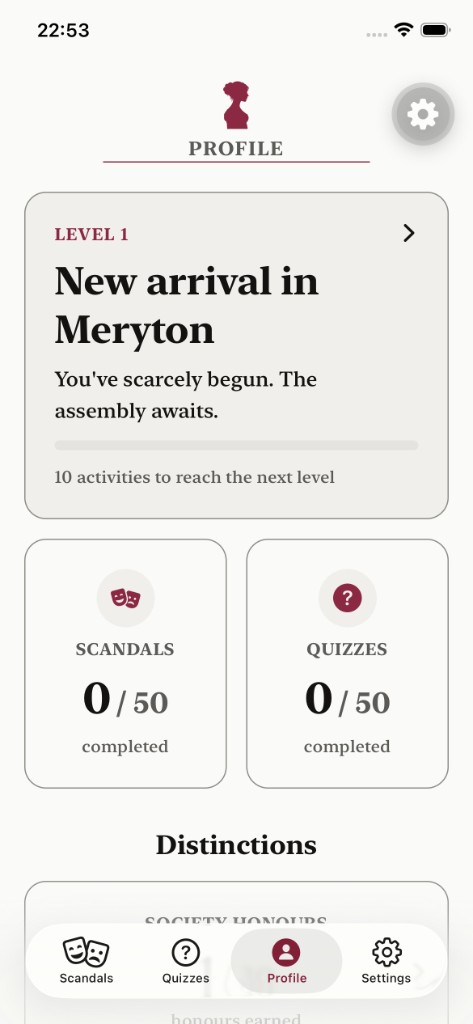 Profile showing aficionado level New arrival in Meryton.