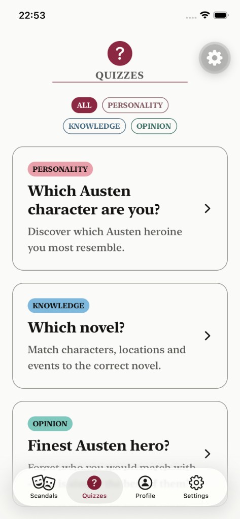 Quizzes screen with personality, knowledge, and opinion categories.