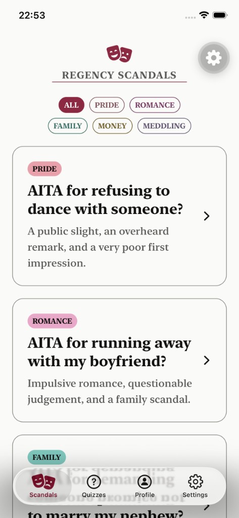 Regency Scandals feed with AITA-style confessions.