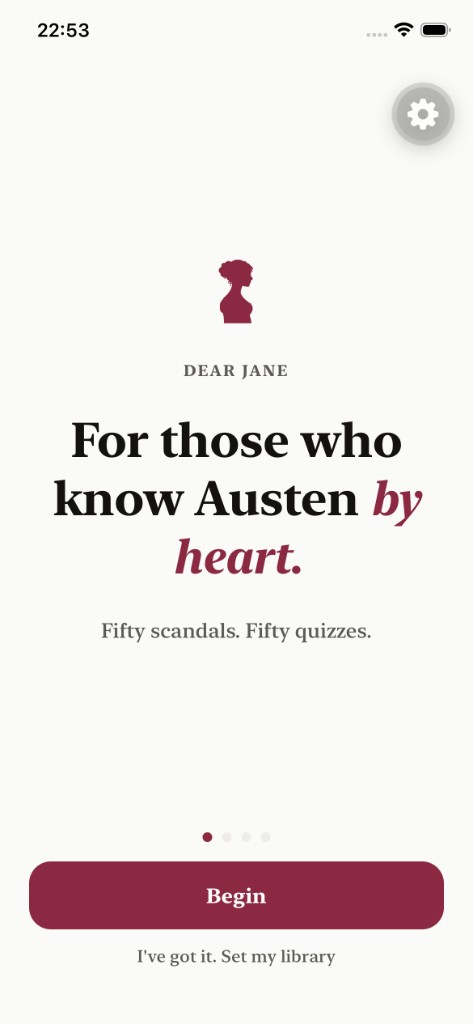 Dear Jane welcome screen: For those who know Austen by heart.